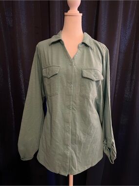 Croft & Barrow 1X Muted Teal Button Front Utility Shirt Plus Size Blouse